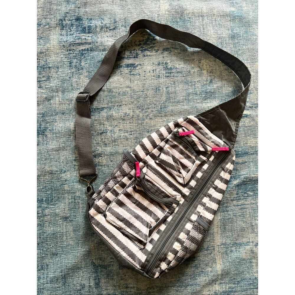 Thirty One Gray White Stripe Sling Crossbody Bag with Pink Accents